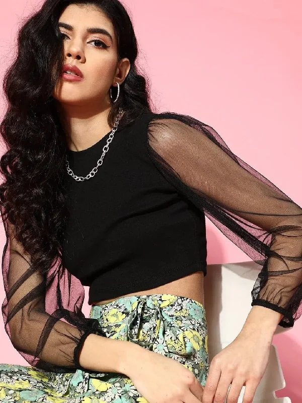 Black Mesh Full Sleeve Rib Crop Top