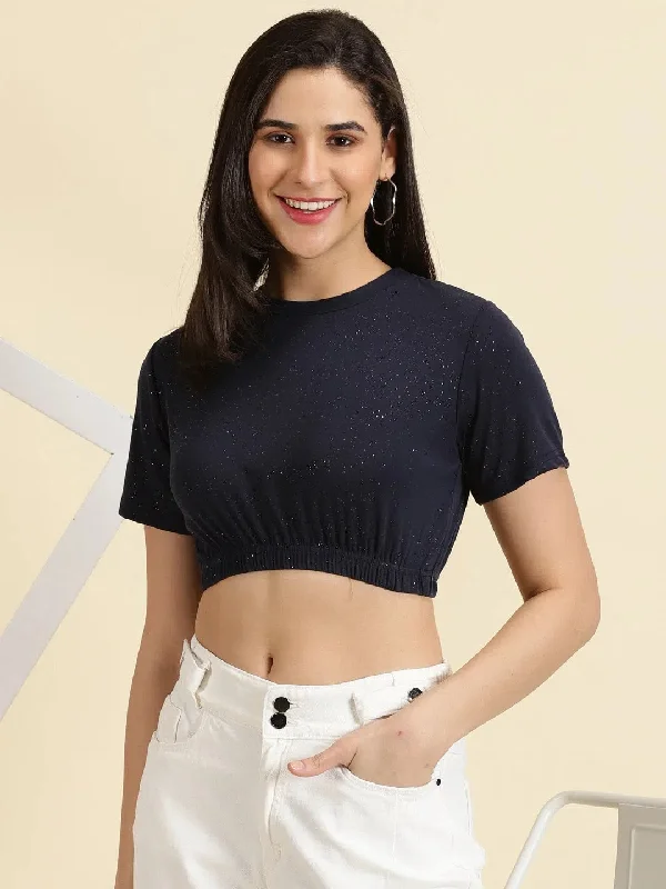 Women's Navy Blue Embellished Cinched Waist Crop Top-AE-10633-Navyblue