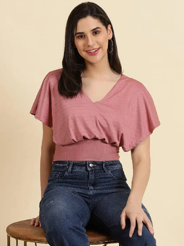 Women's Mauve Striped Blouson Crop Top-AE-10578-Mauve