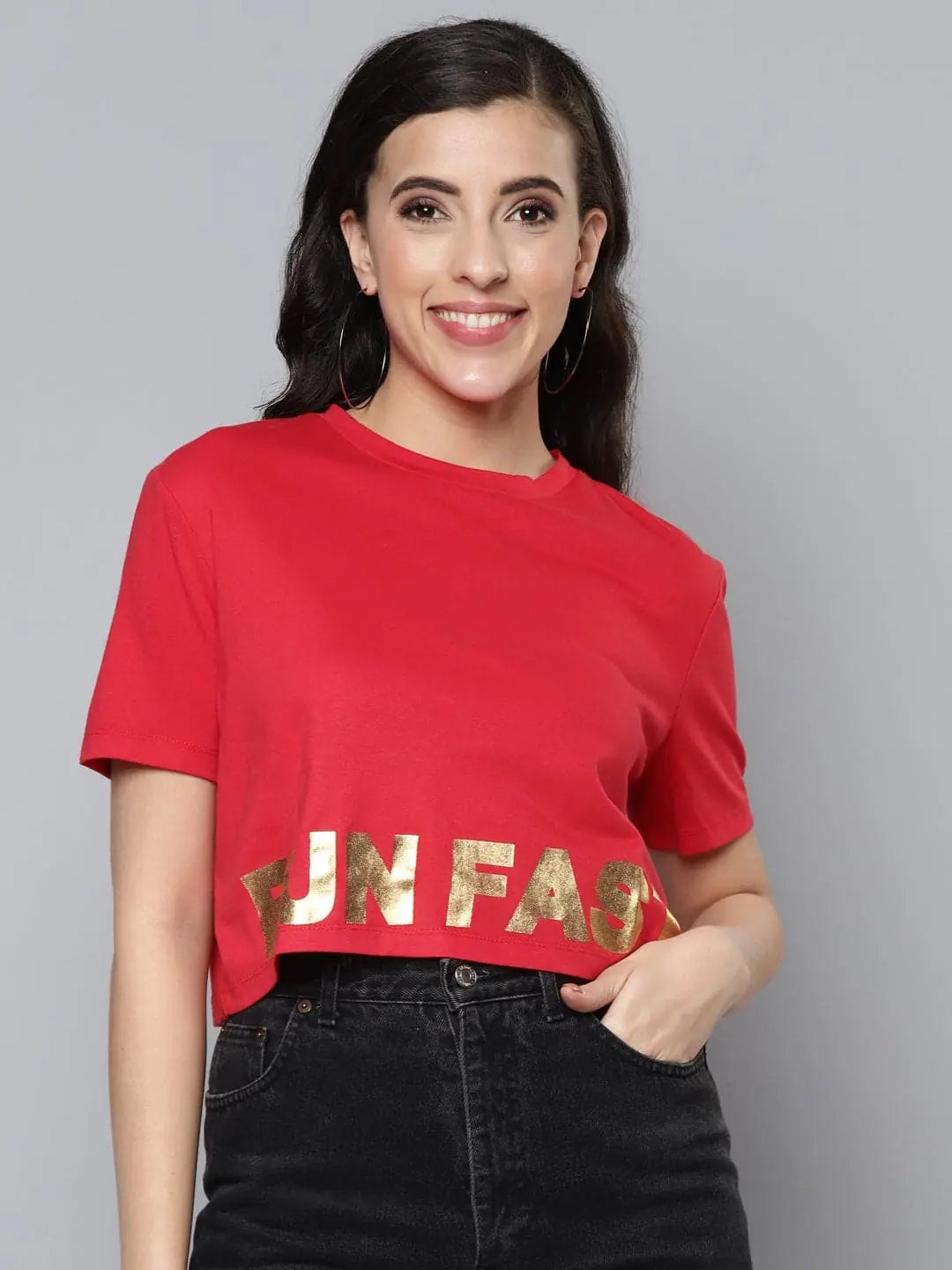 Women Red RUN FAST Golden Foil Boxy Crop T-Shirt