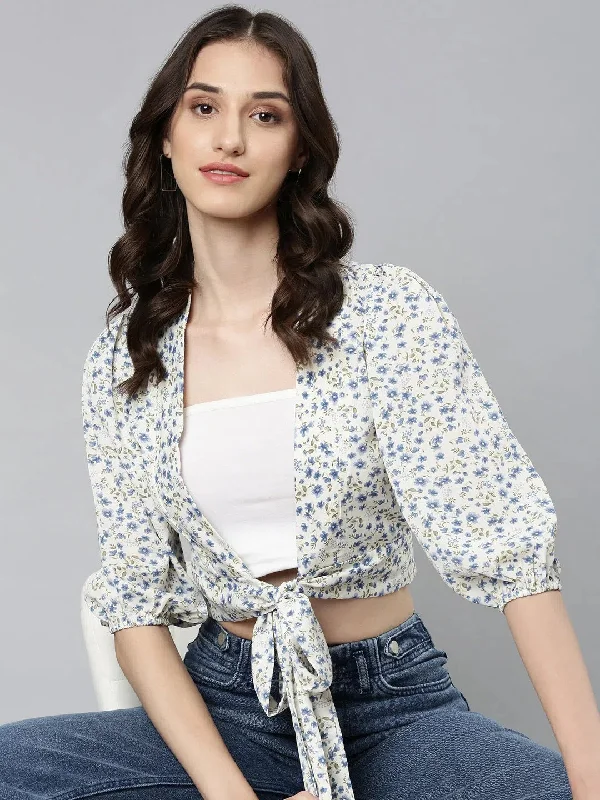 Women Cream Floral Wrap Crop Top-AE-10758-Creamblue