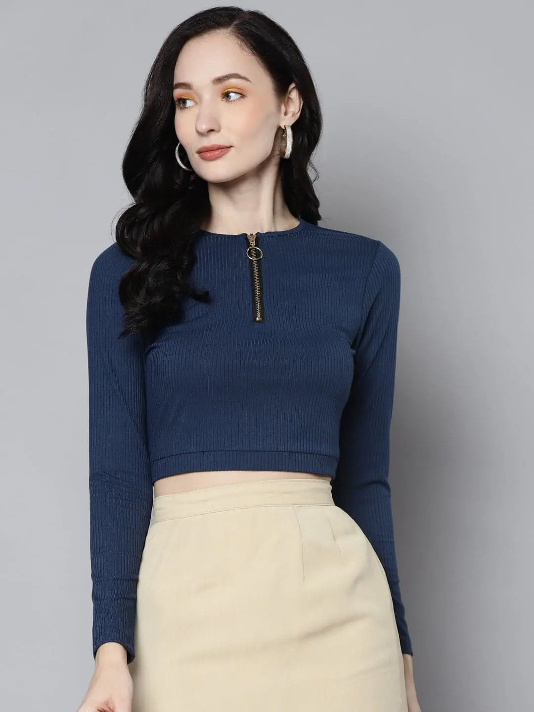 Women Blue Rib Zip Front Full Sleeves Crop Top