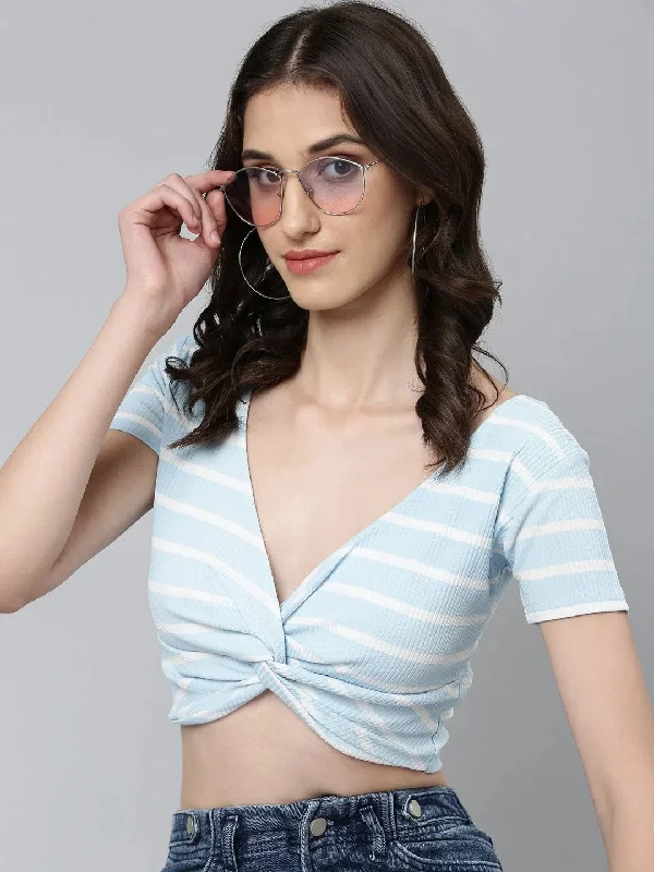 Women Blue Striped Blouson Crop Top-AE-10661-Blue