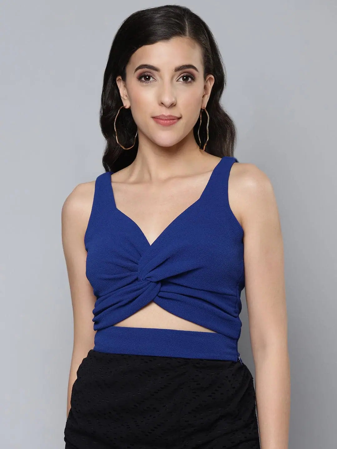 Women Royal Blue Front Twisted Knot Crop Top