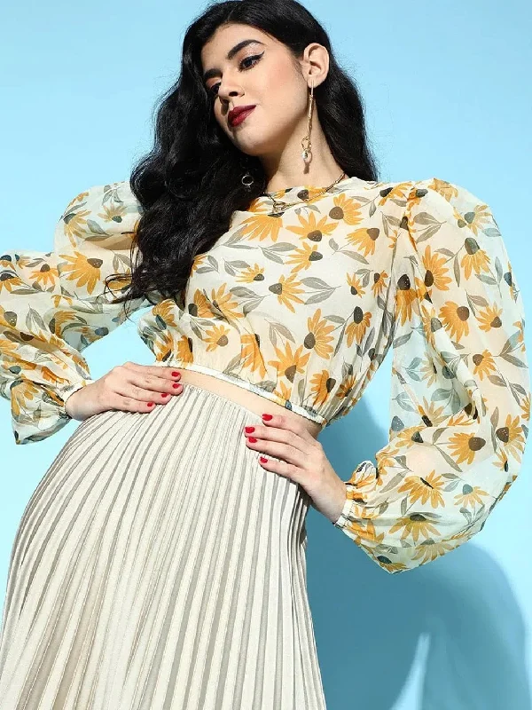 Yellow Floral Organza Flounce Sleeve Crop Top