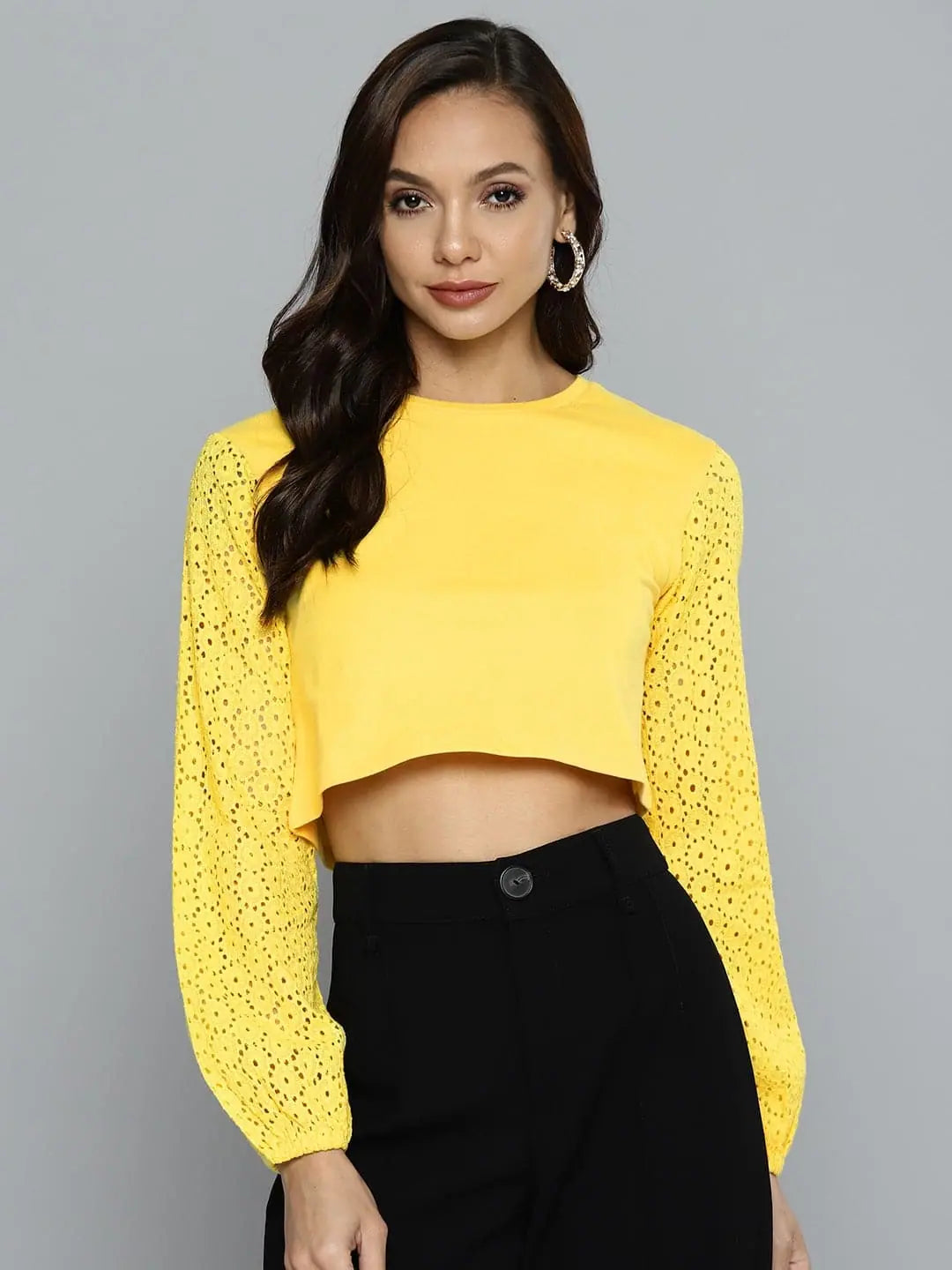 Women Yellow Schiffli Round Neck Crop Top