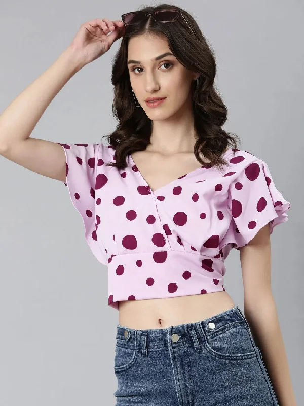 Women Lavender Polka Dots Blouson Crop Top-AE-10670-Lavender