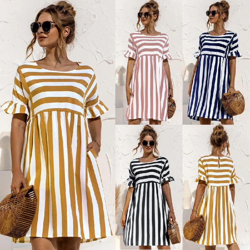 Ruffled Short-sleeved Striped Stitching Contrast Pocket Loose Dress