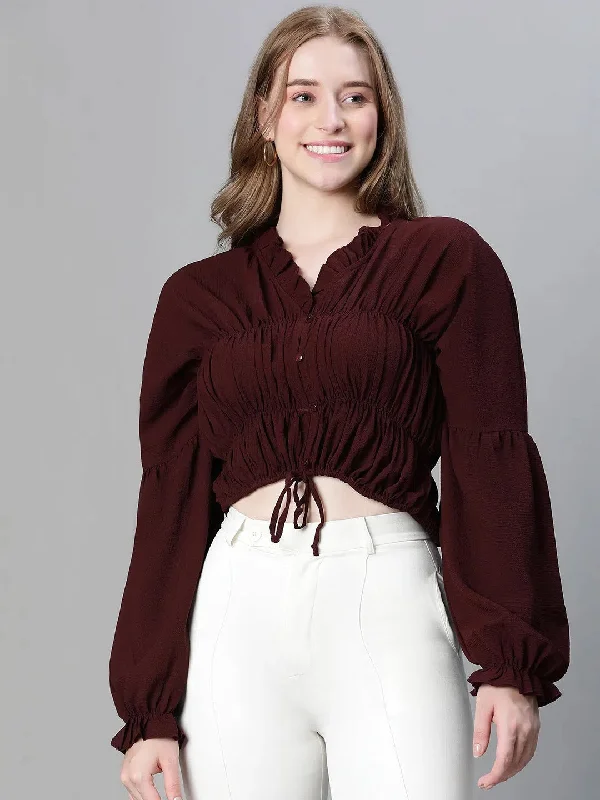 Women Soild Maroon Elasticated Tie-Up Long Sleeve Crop Top-W23240WBL003