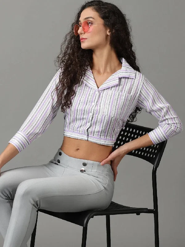 Women's White Striped Shirt Style Crop Top-AE-10327-White