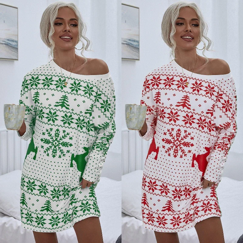 Fashionable Christmas Printed Knit Dress