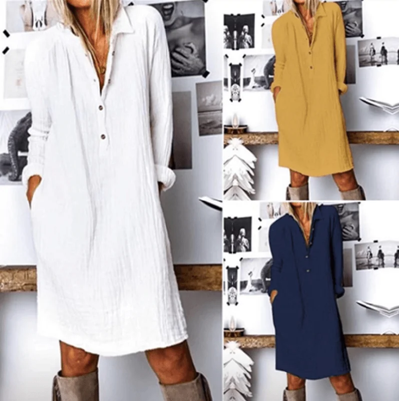 Cotton And Linen Long Sleeve Dress