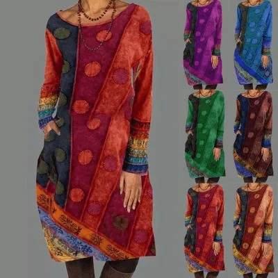 Ethnic Casual Loose Printed Dress Round Neck Long Sleeves