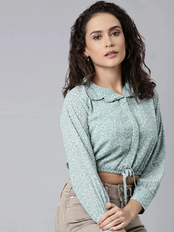 Women Sea Green Printed Shirt StyleCrop Top-AE-7095-Seagreen