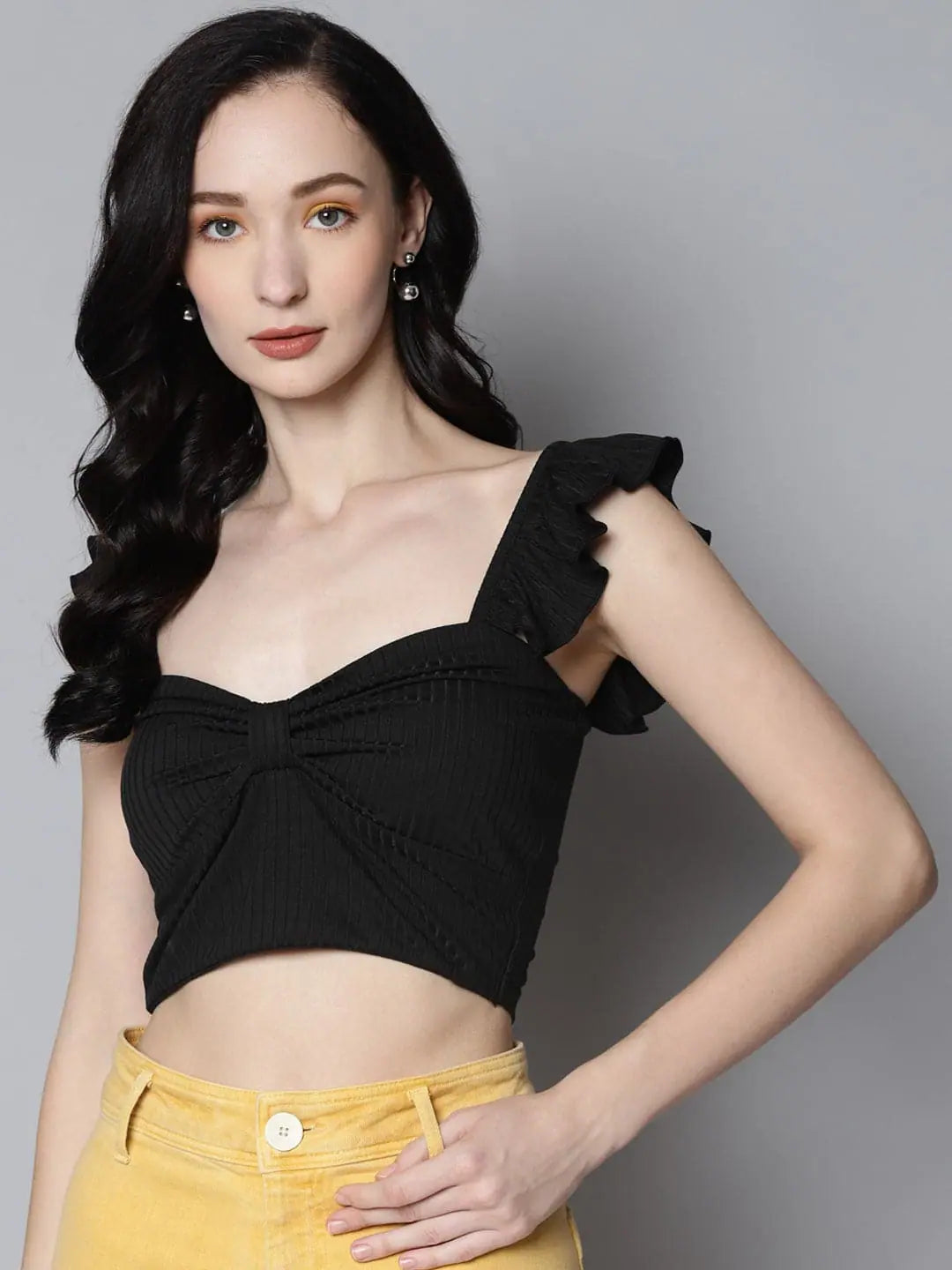 Women Charcoal Rib Sweetheart Neck Crop Top