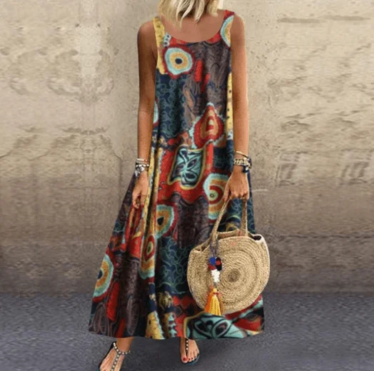 National style retro print dress