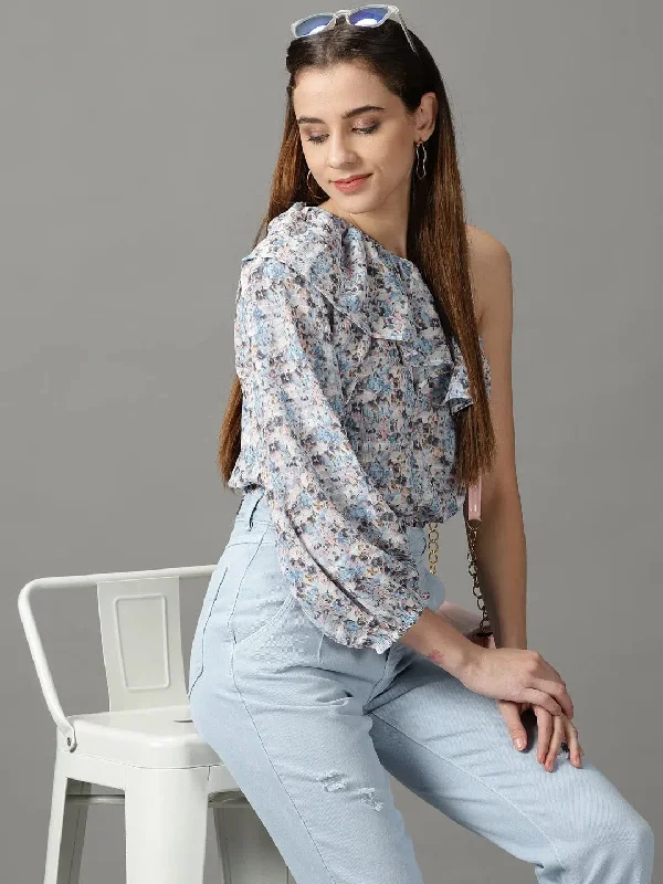 Women's Blue Printed Cinched Waist Crop Top-KG-4132-Blue