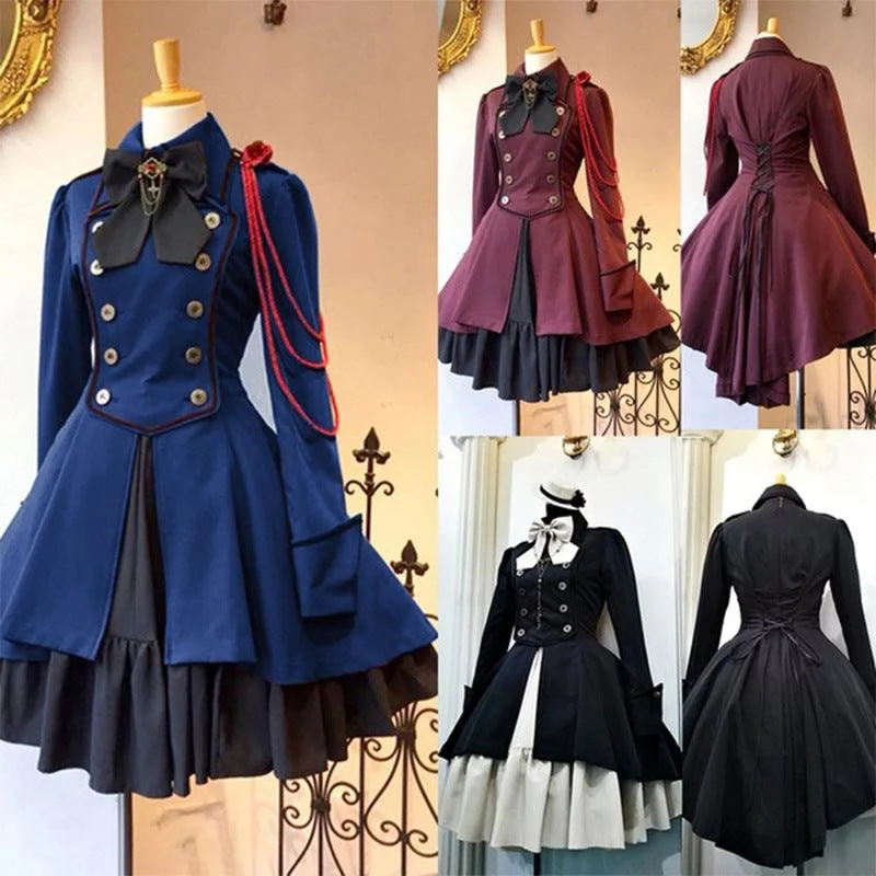 Retro bow long sleeve ruffled cosplay dress