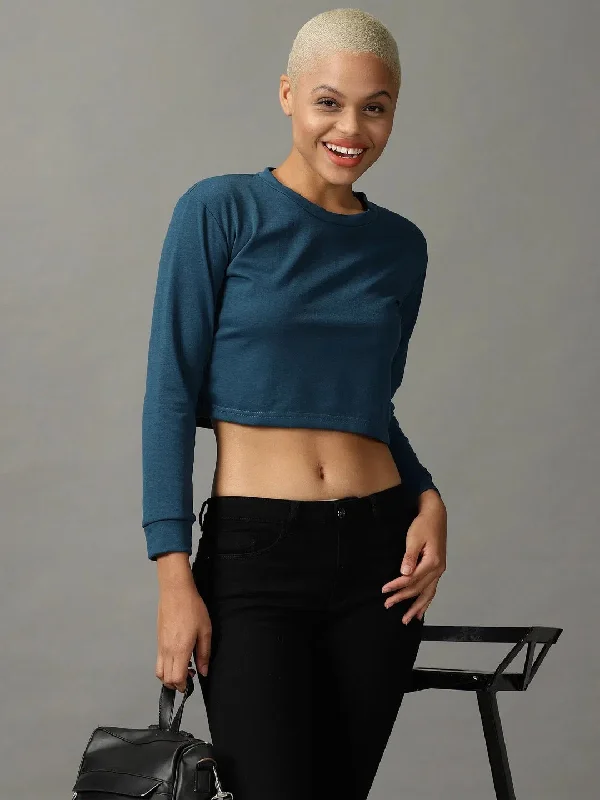 Women's Blue Solid Boxy Crop Top-AE-10536-Teal