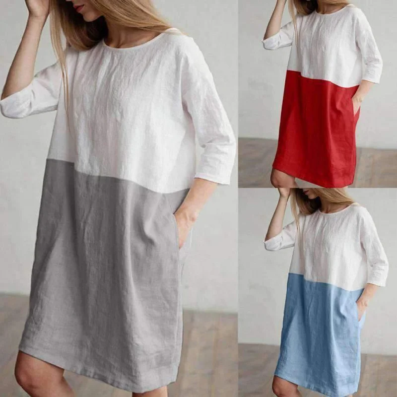 Splicing half-sleeved cotton and linen dress