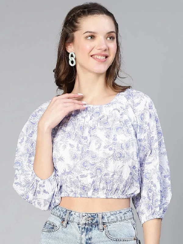 Women Blue Tropical Print Elastiacted Cotton Crop Top-S23081WBL002