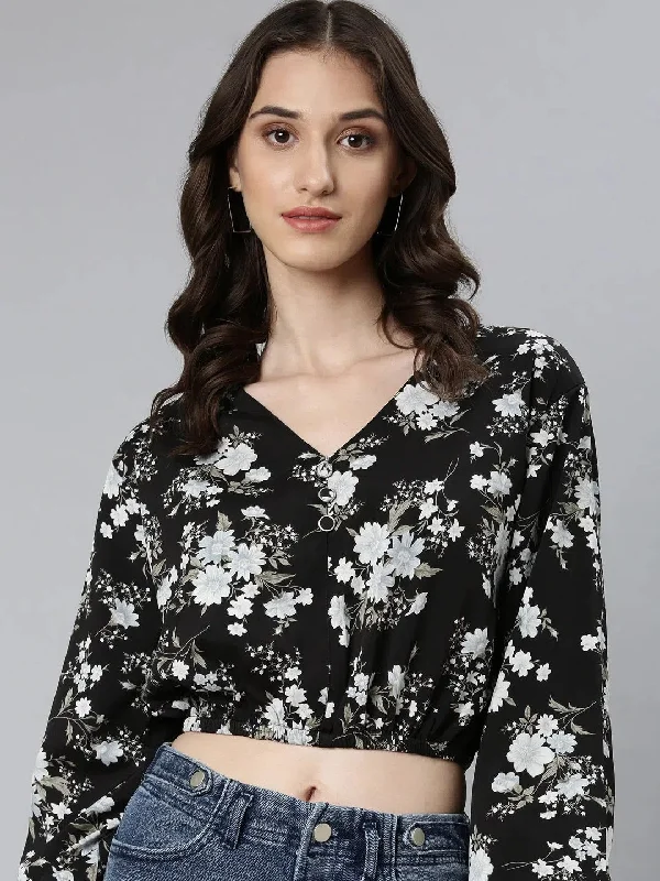 Women Black Floral Blouson Crop Top-AE-10771-Black