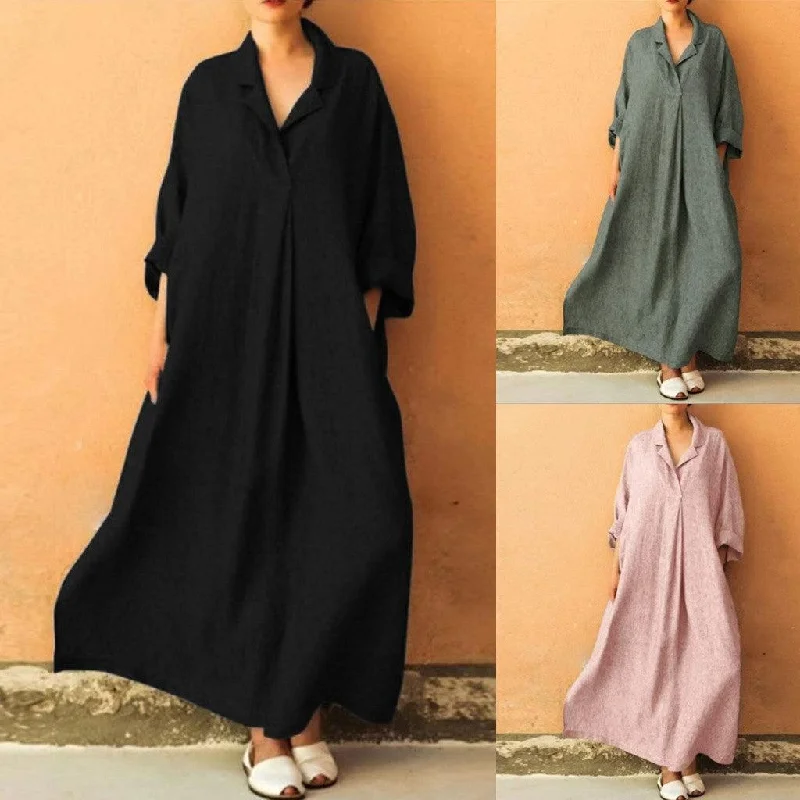 Women Dress Loose Casual Ankle Length Office Lady Dress Solid  Lantern Sleeve Bohemian Loose Waist Women Dress