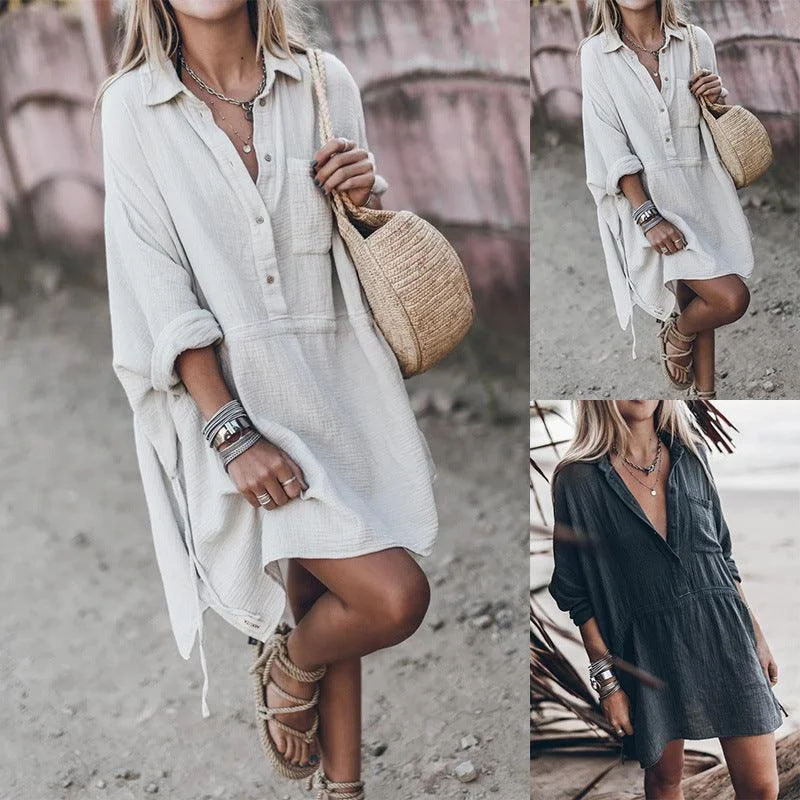 Cotton And Linen V-neck Mid-length Dress