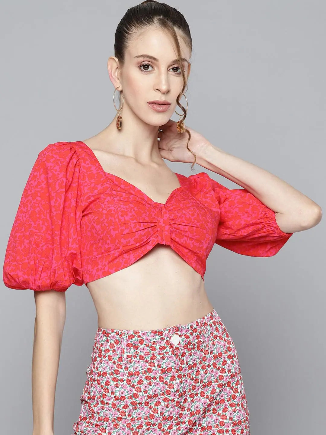 Women Fuchsia Floral Bow Detail Crop Top