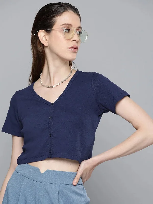 Navy Front Button Crop Top