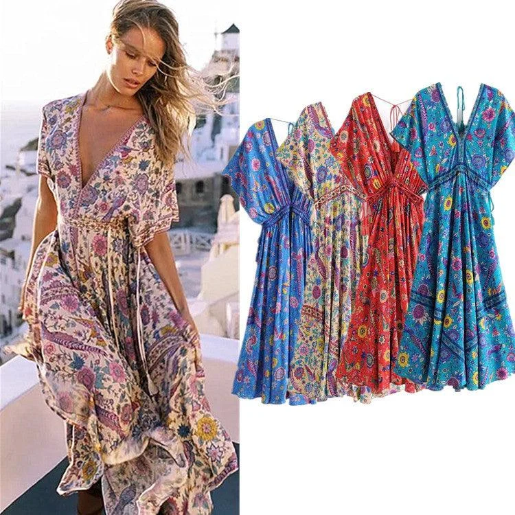 Summer vacation beach skirt dress positioning print V-neck lace dress