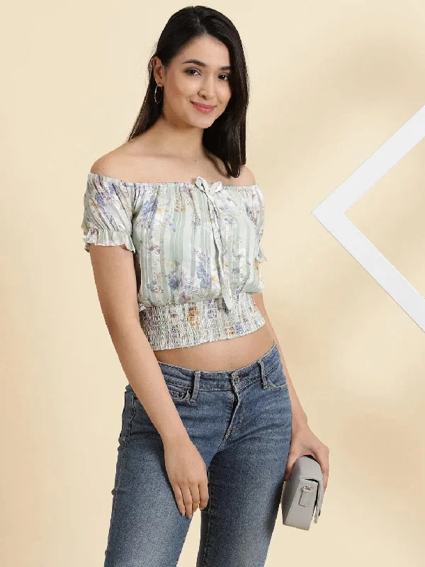 Women's Sea Green Printed Cinched Waist Crop Top-AE-10602-Seagreen