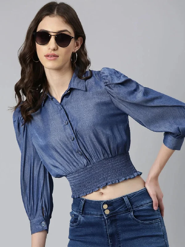 Women Navy Blue Solid Shirt StyleCrop Top-AE-10148-Navyblue