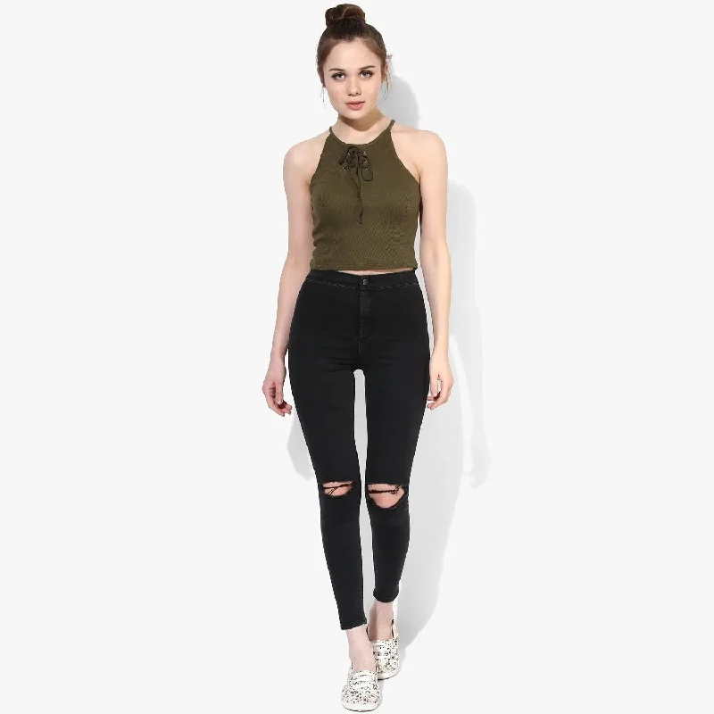 Olive Lace Up Ribbed Crop Top