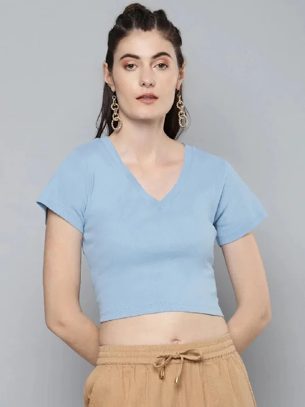 Blue V-Neck Crop Top