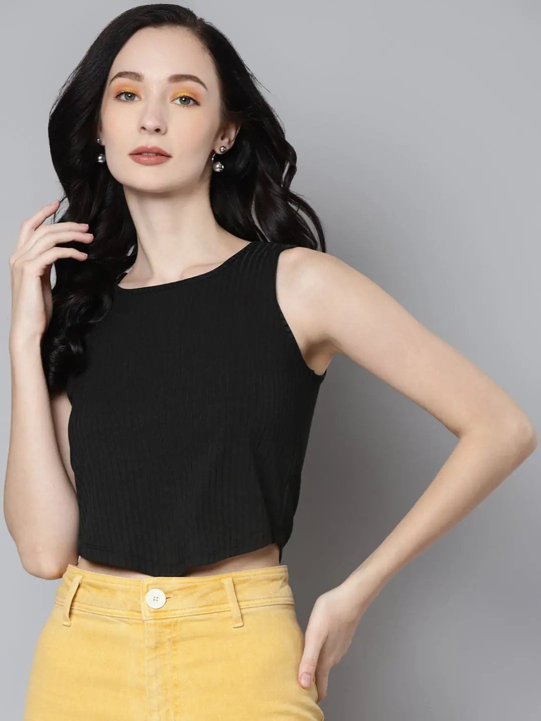 Women Charcoal Rib V-Hem Crop Top