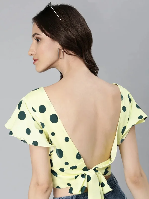 Women Lime Green Polka Dots Blouson Crop Top-AE-10670-Limegreen