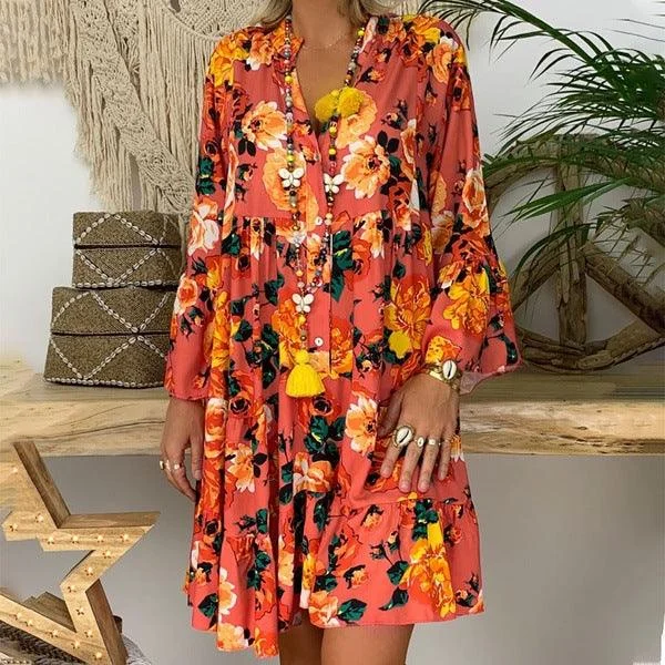 Printed V-neck button ruffled loose dress