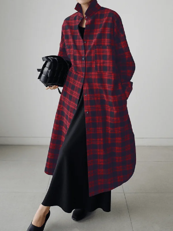 Women Plaid Retro Button Cuffs Split Side Pockets Lapel Long Sleeve Shirtdress Cardigan