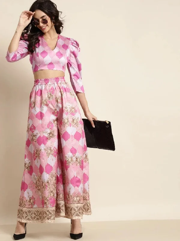 Pink Mughal Print Puff Shoulder Crop Top