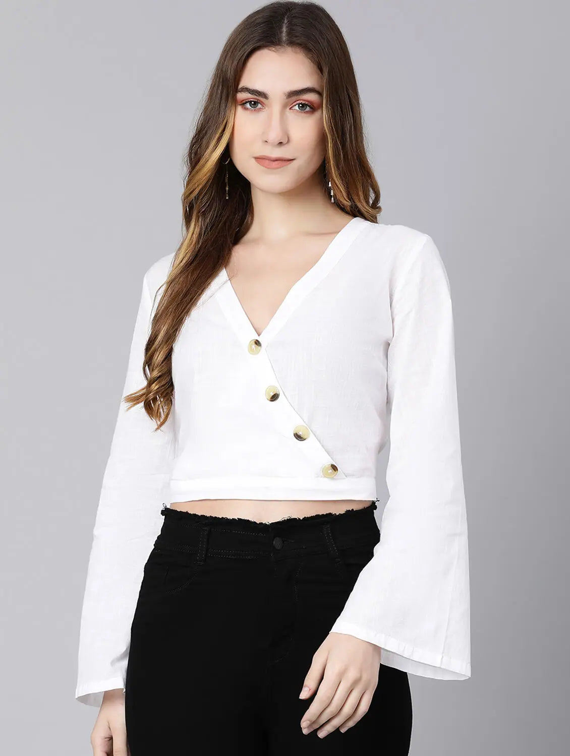 Chalk White Button Seized Women Crop Top