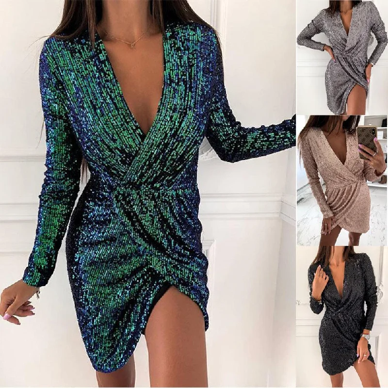 Ladies Sequin Dress Long Sleeve V-Neck Mini Skirt