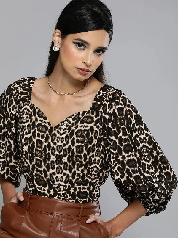 Black Cheetah Puff Sleeve Crop Top