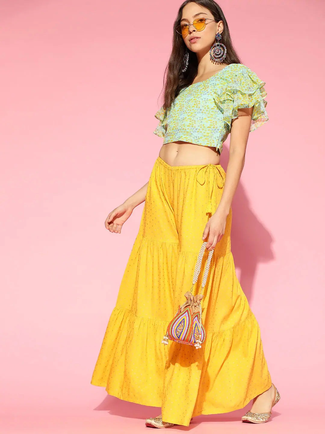 Ahika Green Georgette Blouson Crop Top