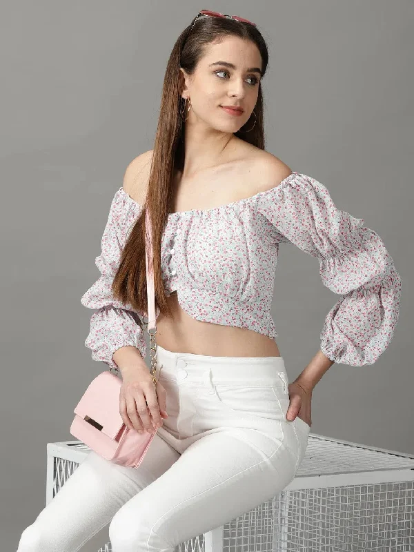 Women's White Printed Crop Top-HQ-8-Whitepink