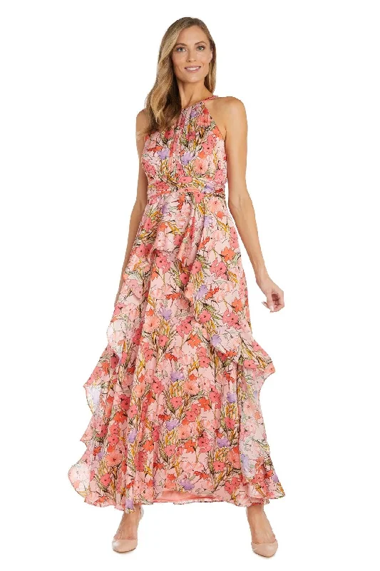 R&M Richards 1118P Long Halter Petite Floral Ruffle Dress