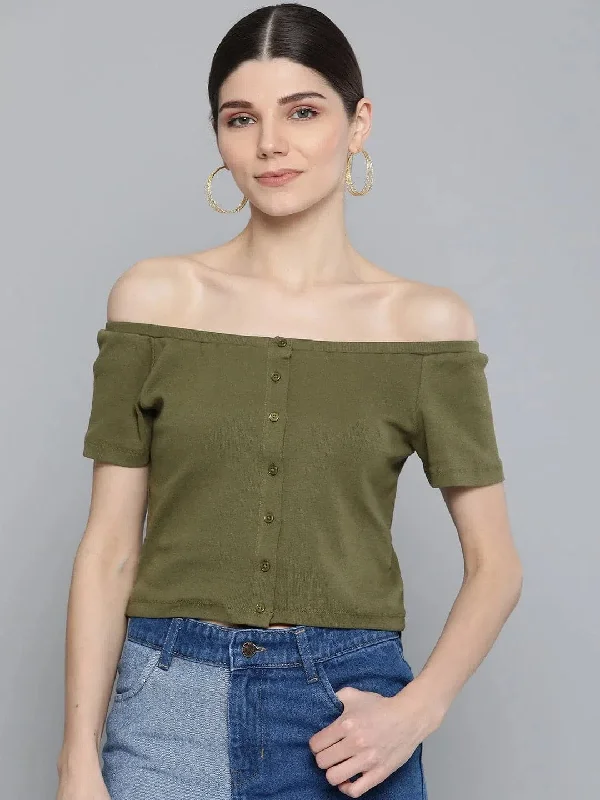 Olive Front Button Bardot Crop Top