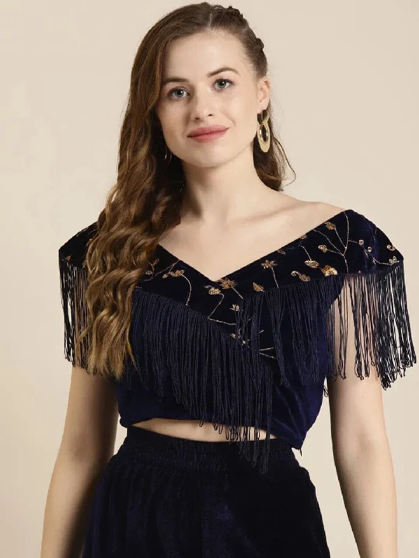 Navy Embroidered Fringe Lace Velvet Crop Top