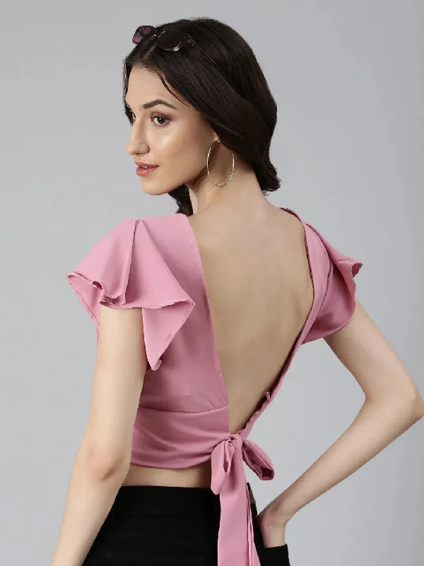 Women Pink Solid Styled Back Crop Top-AE-10669-Pink