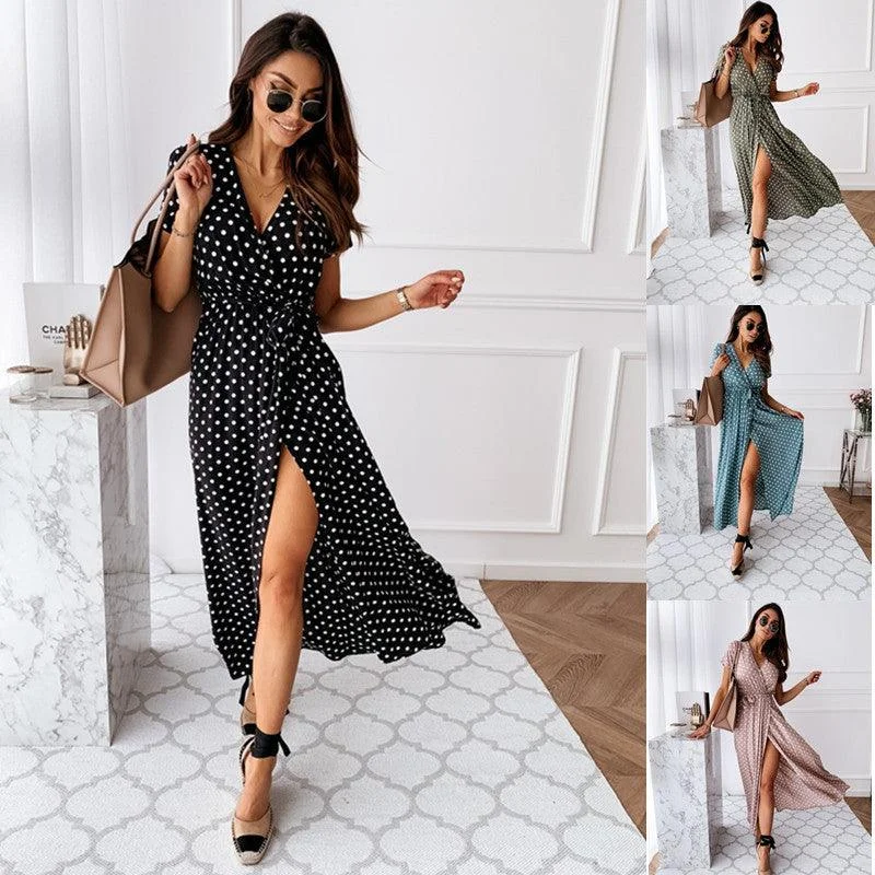 V-neck Bohemian Polka Dot Print Dress Long Skirt